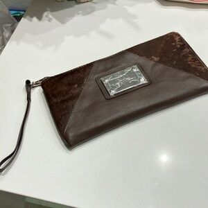 JM New York Brown Genuine Leather With Horse Hair Wristlet Made in India.